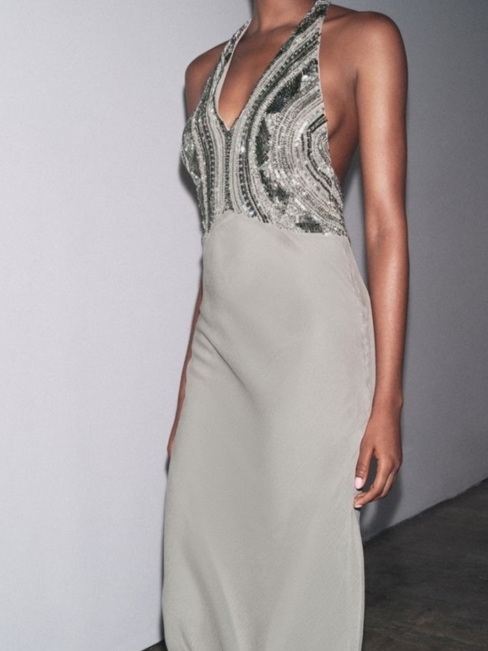Zara Sage Gray Sequin Halter Maxi Dress